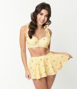 Swimwear Unique Vintage Yellow Gingham & Daisy Pin-Up Coronado Swim Skirt