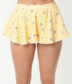 Swimwear Unique Vintage Yellow Gingham & Daisy Pin-Up Coronado Swim Skirt