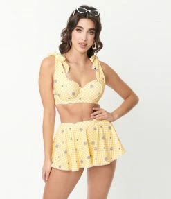 Swimwear Unique Vintage Yellow Gingham & Daisy Pin-Up Coronado Swim Skirt