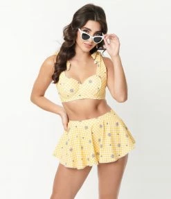 Swimwear Unique Vintage Yellow Gingham & Daisy Pin-Up Coronado Swim Skirt