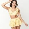 Unique Vintage Yellow Gingham & White Daisy Print Totally Tied Up Swim Top Swimwear