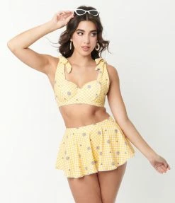 Unique Vintage Yellow Gingham & White Daisy Print Totally Tied Up Swim Top Swimwear