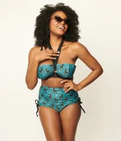 Unique Vintage Blue & Spooky Cat Print Forever Glam Swim Top Swimwear