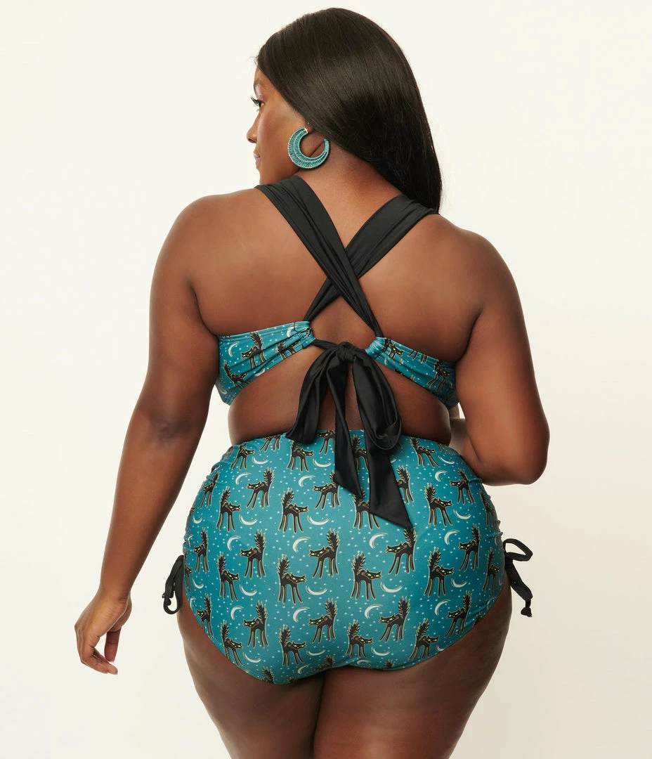 Swimwear Unique Vintage Plus Size Blue & Spooky Cat Print Provincetown Swim Bottom