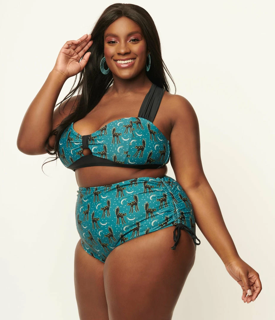 Swimwear Unique Vintage Plus Size Blue & Spooky Cat Print Provincetown Swim Bottom