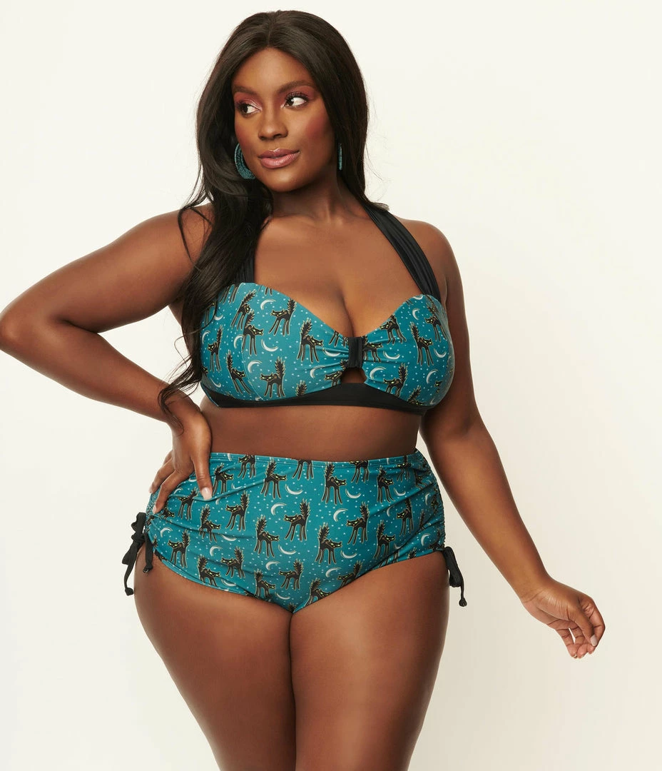 Swimwear Unique Vintage Plus Size Blue & Spooky Cat Print Provincetown Swim Bottom