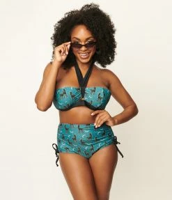 Unique Vintage Blue & Spooky Cat Print Provincetown Swim Bottom Swimwear