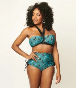 Unique Vintage Blue & Spooky Cat Print Provincetown Swim Bottom Swimwear