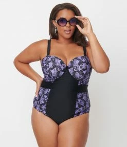 Unique Vintage Plus Size Purple Lacy Bats Pin-Up Clemente Swimsuit