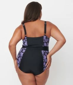 Unique Vintage Plus Size Purple Lacy Bats Pin-Up Clemente Swimsuit