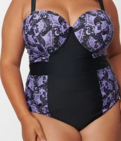Unique Vintage Plus Size Purple Lacy Bats Pin-Up Clemente Swimsuit