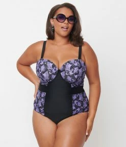 Unique Vintage Plus Size Purple Lacy Bats Pin-Up Clemente Swimsuit