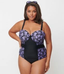 Unique Vintage Plus Size Purple Lacy Bats Pin-Up Clemente Swimsuit