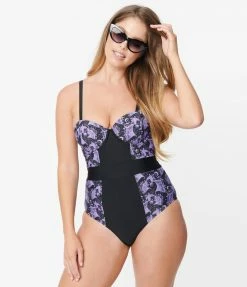 Unique Vintage Purple Lacy Bats Pin-Up Clemente Swimsuit Swimwear
