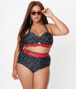 Unique Vintage Plus Size Black Spooky Stitches Belted Redondo Swim Bottoms Swimwear