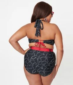 Unique Vintage Plus Size Black Spooky Stitches Belted Redondo Swim Bottoms Swimwear