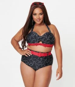 Unique Vintage Plus Size Black Spooky Stitches Belted Redondo Swim Bottoms Swimwear