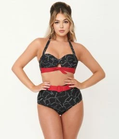 Swimwear Unique Vintage Black Spooky Stitches Mrs. West Swim Top
