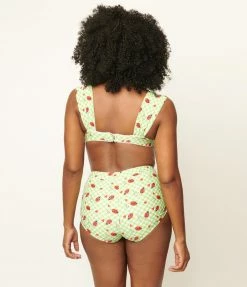 Unique Vintage Green Gingham & Ladybug Print Ruched & Ready Swim Top Swimwear