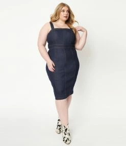 Unique Vintage Plus Size Dark Denim Kathleen Wiggle Dress 1950s