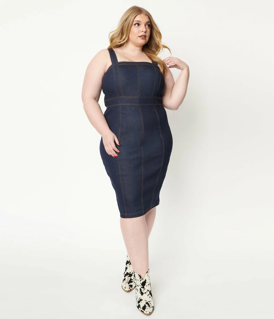 Unique Vintage Plus Size Dark Denim Kathleen Wiggle Dress 1950s