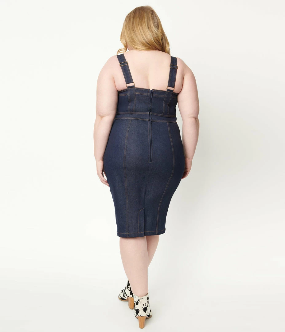 Unique Vintage Plus Size Dark Denim Kathleen Wiggle Dress 1950s
