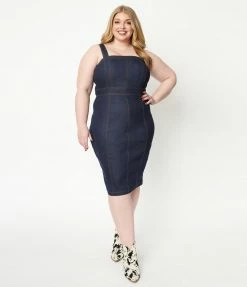 Unique Vintage Plus Size Dark Denim Kathleen Wiggle Dress 1950s