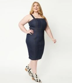 Unique Vintage Plus Size Dark Denim Kathleen Wiggle Dress 1950s