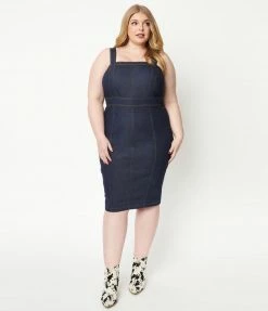 Unique Vintage Plus Size Dark Denim Kathleen Wiggle Dress 1950s