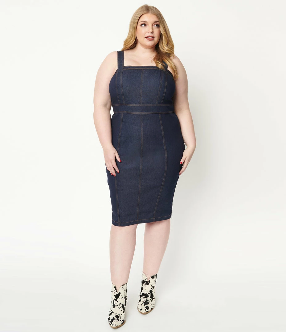 Unique Vintage Plus Size Dark Denim Kathleen Wiggle Dress 1950s