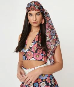 Smak Parlour Black & Purple Retro Floral Long Hair Scarf