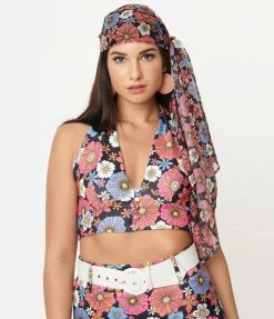 Smak Parlour Black & Purple Retro Floral Long Hair Scarf