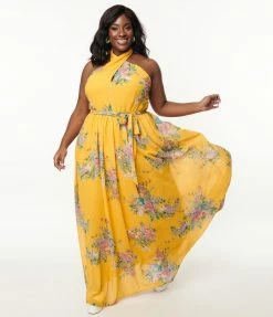 1970s Smak Parlour Plus Size Mustard & Pink Floral Budding Romance Maxi Dress