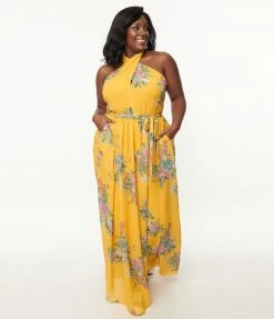 1970s Smak Parlour Plus Size Mustard & Pink Floral Budding Romance Maxi Dress