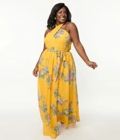 1970s Smak Parlour Plus Size Mustard & Pink Floral Budding Romance Maxi Dress