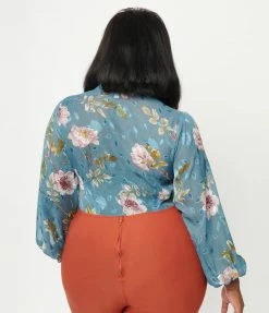Unique Vintage Plus Size Teal & Purple Floral Print Francesca Blouse Tops
