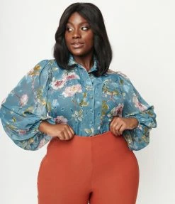 Unique Vintage Plus Size Teal & Purple Floral Print Francesca Blouse Tops