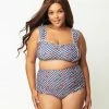 Unique Vintage Plus Size Navy Gingham & Ladybug Print High Waist Louise Swim Bottom