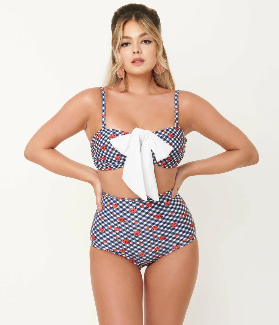 Swimwear Unique Vintage Navy Gingham & Ladybug Print High Waist Louise Swim Bottom