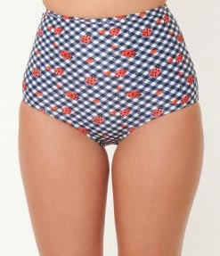 Swimwear Unique Vintage Navy Gingham & Ladybug Print High Waist Louise Swim Bottom