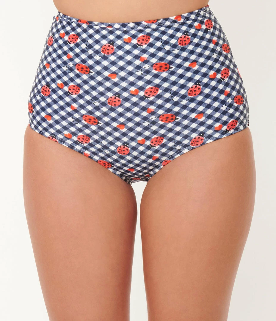 Swimwear Unique Vintage Navy Gingham & Ladybug Print High Waist Louise Swim Bottom