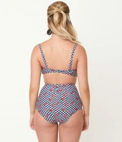 Swimwear Unique Vintage Navy Gingham & Ladybug Print High Waist Louise Swim Bottom