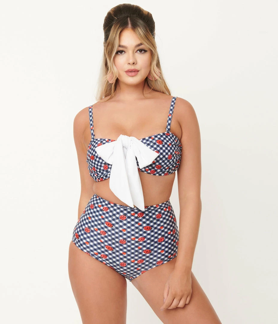 Swimwear Unique Vintage Navy Gingham & Ladybug Print High Waist Louise Swim Bottom