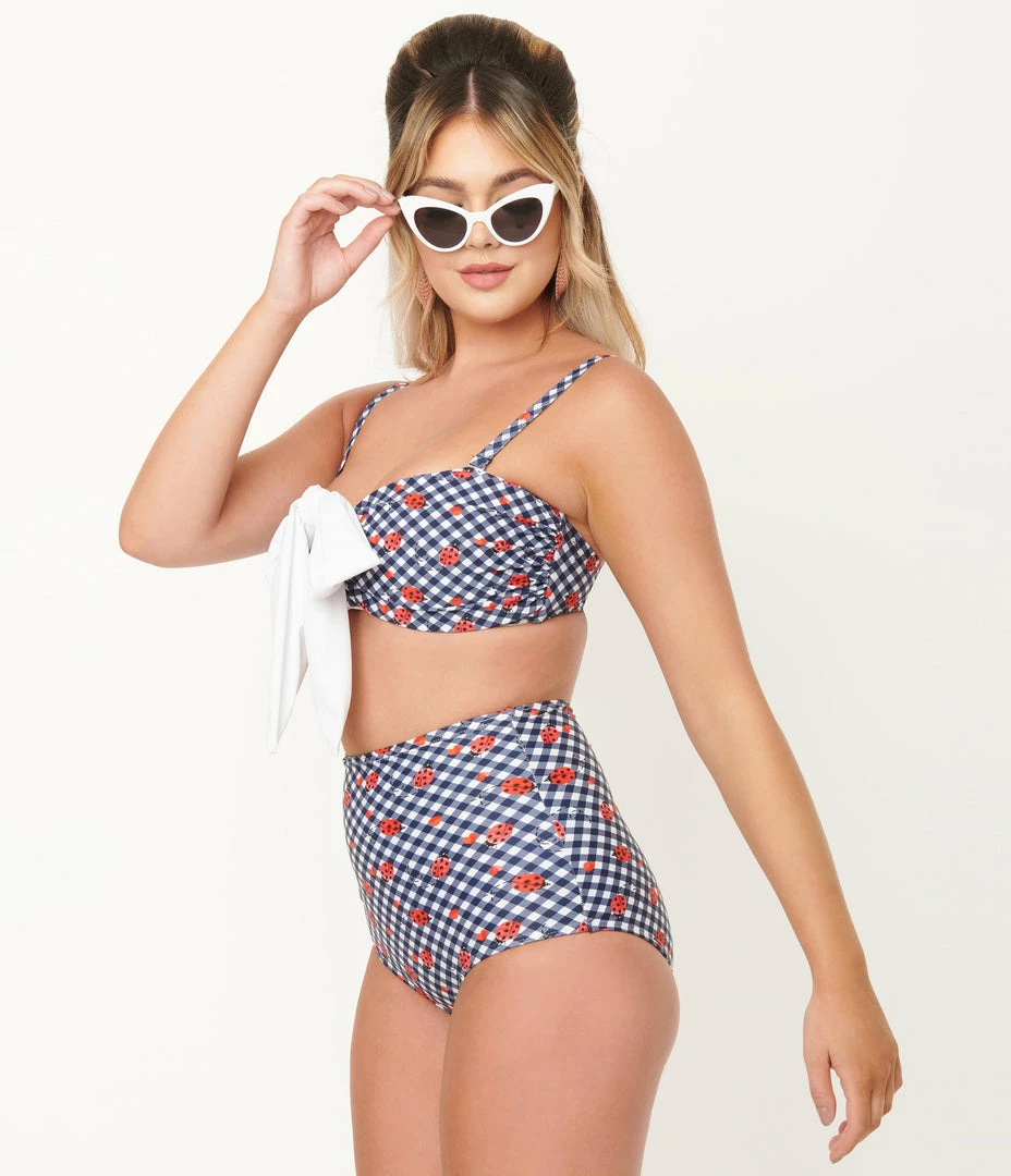 Swimwear Unique Vintage Navy Gingham & Ladybug Print High Waist Louise Swim Bottom