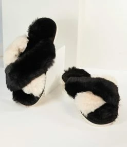 Faire (Shiraleah) Shoes Black & Ivory Fuzzy Cross Strap Slippers