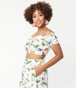 Unique Vintage White & Garden Floral Print Ruffle Up Crop Top Tops