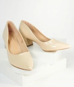 Belissima Beige Patent Leatherette Low Heel Pumps 1970s