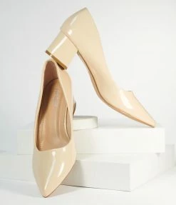 Belissima Beige Patent Leatherette Low Heel Pumps 1970s