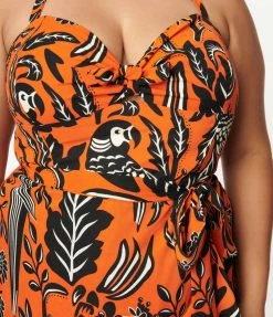 Unique Vintage Brand Unique Vintage Plus Size Orange & Black Tropical Parrot Print Leilani Sarong Dress