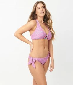 Unique Vintage Purple & Pink Floral Give Us A Ring Swim Top Swimwear